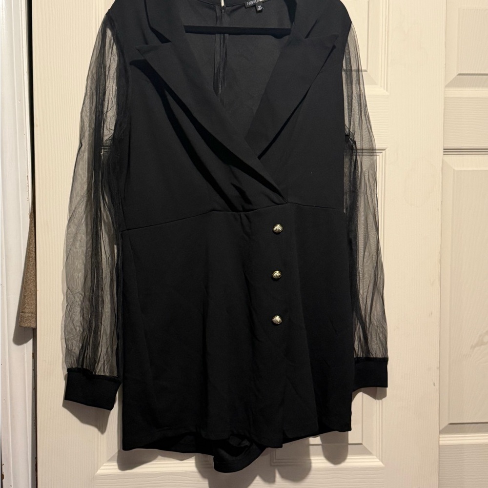 Sheer Sleeve Black Romper with Gold Buttons